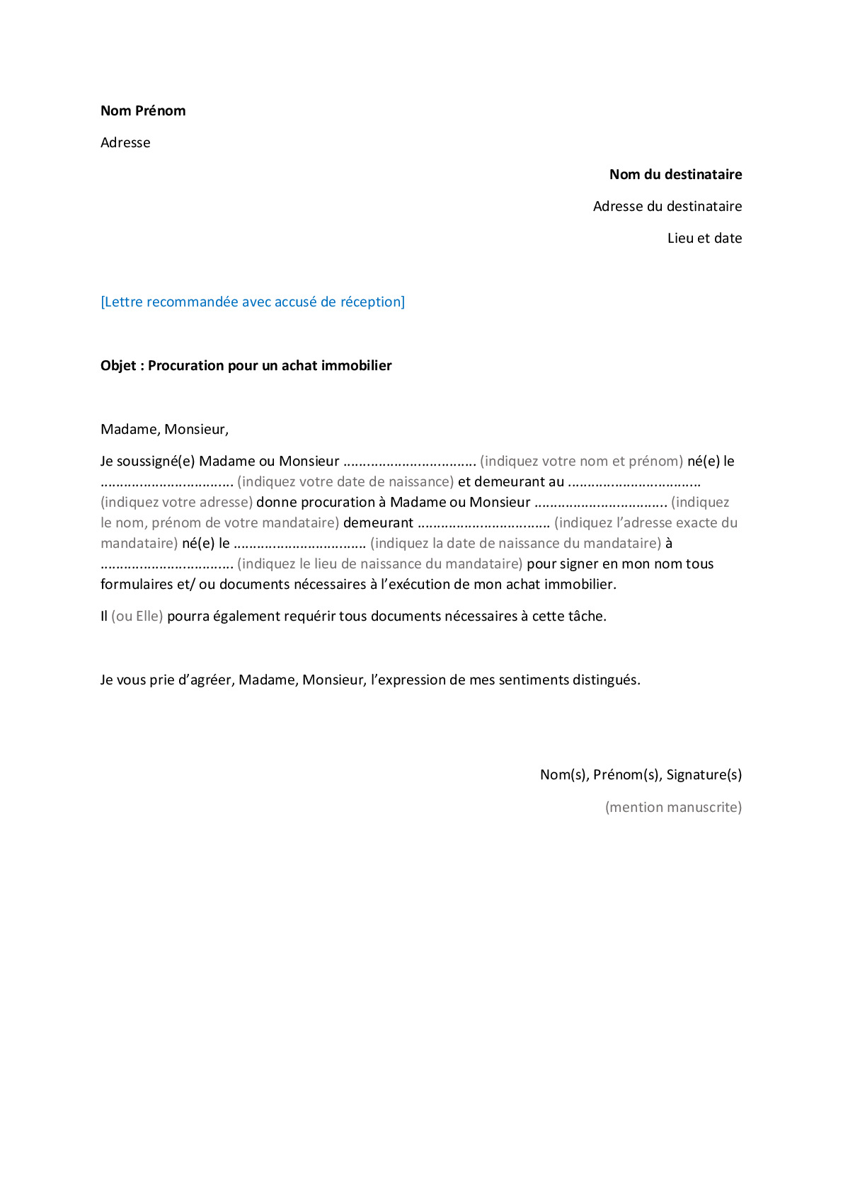 Comment rédiger une lettre de procuration pour un achat immobilier