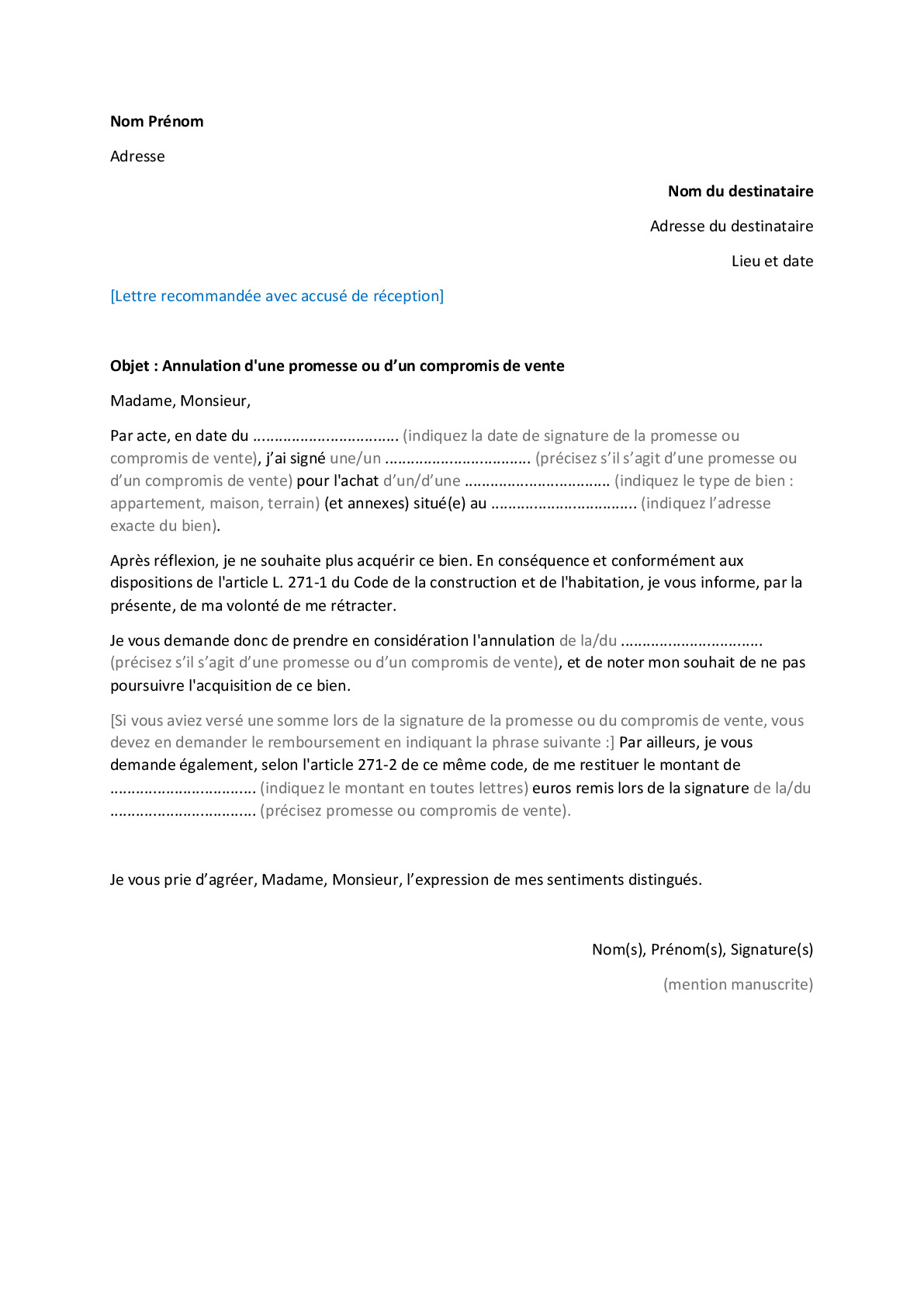 Comment rédiger une lettre d’annulation d'une promesse ou compromis de vente